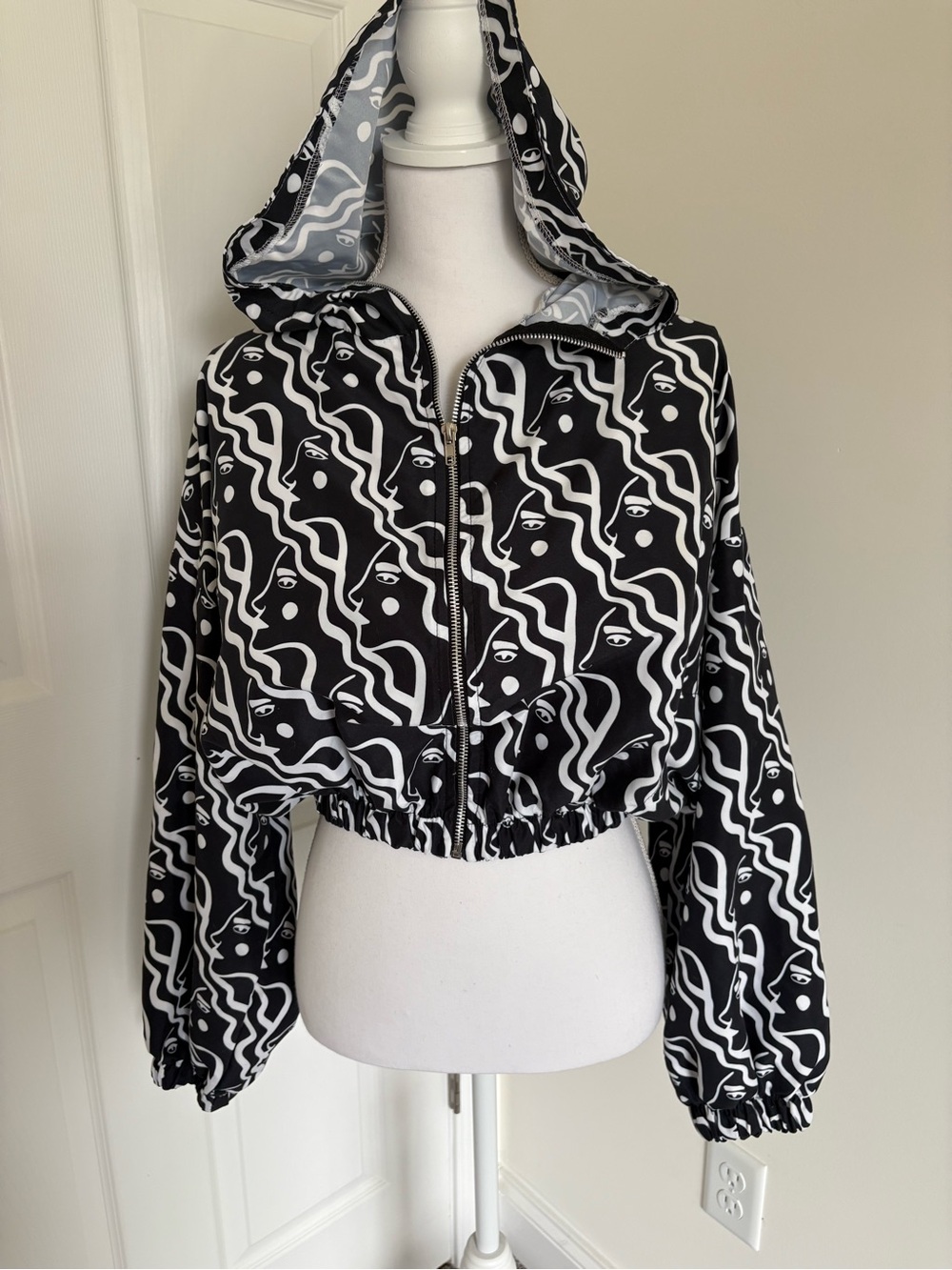Dazey LA Black & White Hooded Cropped Bomber Jacket